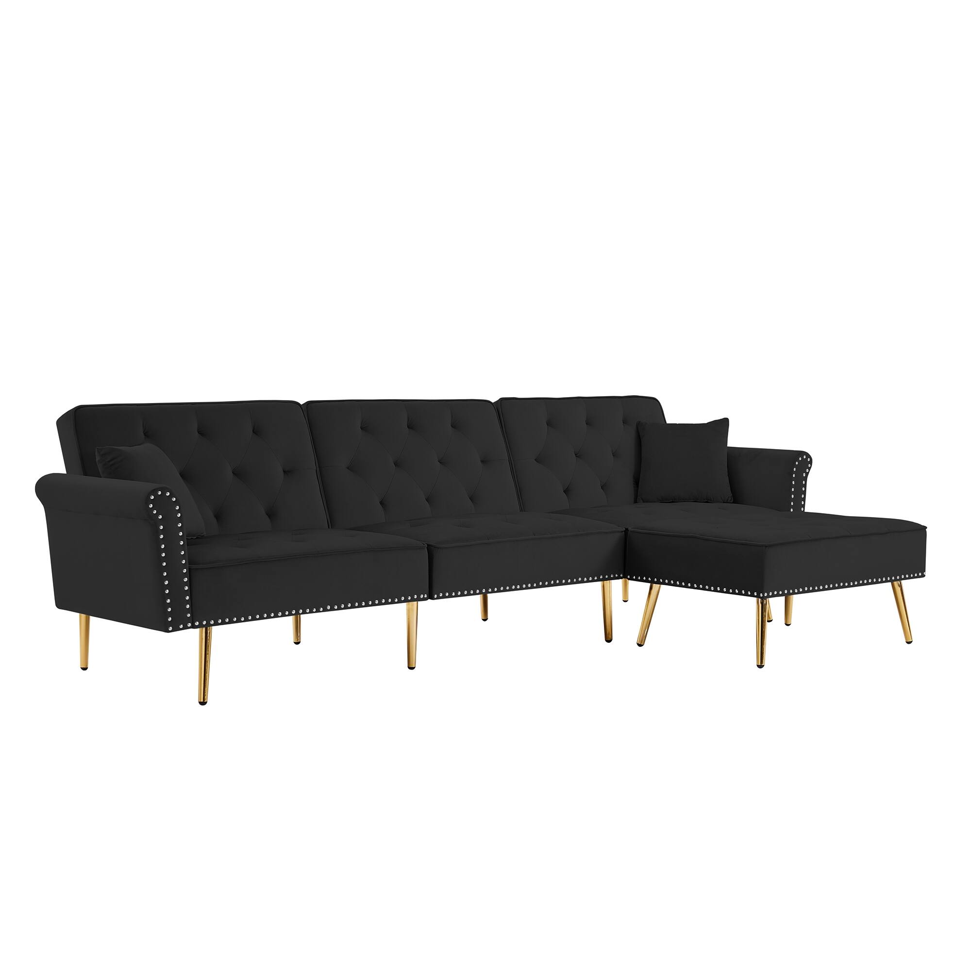 110.2" Velvet Sectional Sofa Bed with Ottoman, Nailhead Trim and Gold